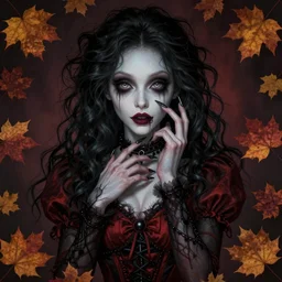 beautiful stella maeve magician, in the style of artgerm, rafeal albuquerque, norman rockwell, thomas kinkade, realistic character concept, creepy pose, spooky, symmetrical face and body, volumetric lighting, detailed realistic symmetrical eyes, 8 k, insanely detailed and intricate elegant, autumn leaves