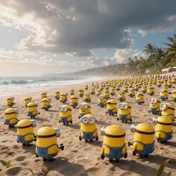 one hundred minions on the beach