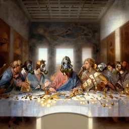 the last supper in gas masks, art nouveau, fantasy, fantasy atmospheric lighting, digital painting, hyperrealistic, cozy, natural light, volumetric golden dappled dynamic lighting, regal, refined, elegant, highly detailed, sharp focus, art by artgerm and wlop