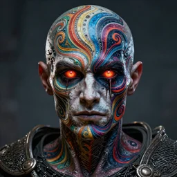full face tattoo epic portrait, undead corpsepaint glowing eyes, elden ring, matte painting concept art, midjourney, beautifully backlit, swirly vibrant color lines, fantastically gaudy, cinematic aesthetic octane render, 8 k hd resolution, by ilya kuvshinov and darius zawadzki and zdizslaw beksinski