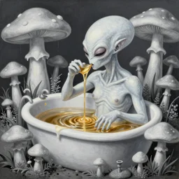 a painting of a evil Nordic alien of pure evil, made in tones of white and grey, drinking liquid gold, in a wild mushroom fountain, bath like style, insanely detailed, loony toons style, isometric views, 8k