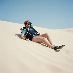 a scuba diver sunbathing on a sand dune, bright sunny day, photography, highly detailed, high quality, 8 k, soft lighting,