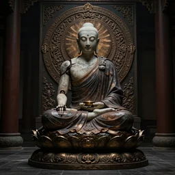 Half cyborg half monk discovering enlightenment, dark atmosphere, 8k, cinematic lighting, symmetry, elegant, ornate, hyper realistic, zen, full body
