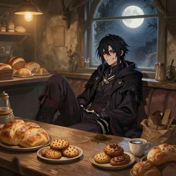 grinning bloodborne hunter relaxing in a cozy yharnam coffee shop, surrounded by bread, cookies, and pastry, warm lighting, moody shadows, moonlight streaming through the window, faint dust in the air, trending on artstation