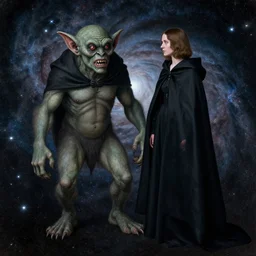 a goblin monster and a woman in a black cloak, in a nebula, by Robert Campin