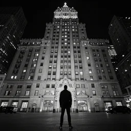 man looking at the sky in new york square, night time, filmic, dramatic, night vision, wide angle, vignette, monochrome, 4 k, 8 k, sad, nightlight, cinematic lighting, insanely detailed and intricate, hypermaximalist, elegant, ornate, hyper realistic, super detailed