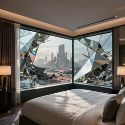 a beautiful futuristic geometric mirror glass holographic hotel room, with a view of a apocalyptic dystopia outside