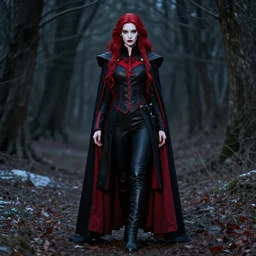 small, slim, beautiful powerful sith warrior with smooth porcelain skin and long flowing red hair, wearing black and red imperial uniform with cape, outdoors in the forest in winter, dark shadowy gothic aesthetic, full body portrait, centered composition, detailed