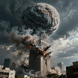 an big meteor falling from the sky crush the high building cause big destruction, cinematic, movie still , Holywood quality, end of the world, impactful ambient