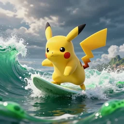 pikachu surfing on a wave made of green slime, pokemon tcg image