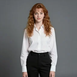high school yearbook photo of ginny weasley, wearing a white shirt and black trousers, 2 0 0 9