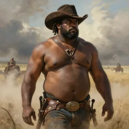 a beautiful dramatic epic painting of a thicc chunky beefy shirtless black man | he is wearing a leather harness and cowboy hat | prairie setting, dust clouds | homoerotic, highly detailed, dramatic lighting | by Mark Maggiori, by William Herbert Dunton, by Charles Marion Russell | trending on artstation