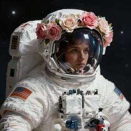 astronaut in space with a rose flower crown, sharp focus, intricate, elegant, digital painting, artstation, matte, highly detailed, concept art, illustration, volumetric lighting, bokeh light, art by greg olsen and liz lemon swindle