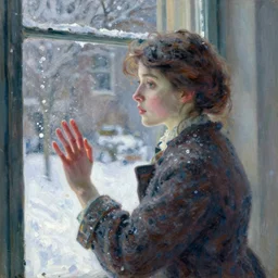 a woman banging on a window in the winter, by monet