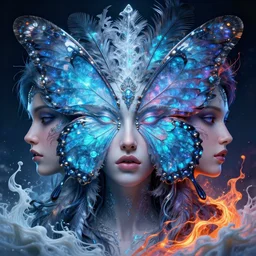 3 d goddess butterfly face portrait, face in the center, beautiful intricate highly detailed quetzalcoatl feathers. bioluminescent, ice, galaxy, plasma, lava, milk, artwork by tooth wu and wlop and beeple and greg rutkowski, 8 k trending on artstation, volumetric lighting
