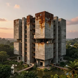 an extremely detailed building, ancient brutalist architecture, streetscapes, surrounded by lush green forest and murky ponds of water, stunning volumetric lighting, sunset, rusted steel, smooth solid concrete, stunning skies, trending on Artstation, 8k, photorealistic, hyper detailed, unreal engine 5, IMAX quality, cinematic, epic lighting, in the style of the game DOOM, by Greg Rutkowski