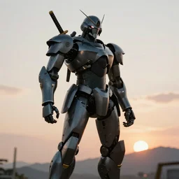 Digital art of a samurai robot with a katana staring at the sunset