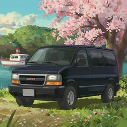 a wholesome animation key shot of one!! focused, black gmc van and boat, parked beside lake, medium shot, studio ghibli, disney animation, ( pixar ), sharp, very detailed, high resolution, rendered in unreal engine 5, anime key art by greg rutkowski, bloom, dramatic lighting