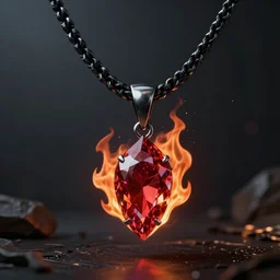 rpg item, a black necklace with a red diamond pendant in flames, Unreal 5, DAZ, hyperrealistic, rpg style, octane render, dynamic lighting