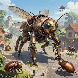 an intricate concept art, illustration, fantasy mechanical large insect biomes in a street, megafauna, ultra photorealistic, pinterest, artstation, cgsociety, global illumination, pinterest, digital art, hyper detail, anime colors, style by feng zhu and tyler edlin, hyperrealistic octane render, 8 k