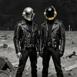 album art of daft punk wearing leather jackets, standing together in a desolate wasteland, painted by zdzislaw beksinski