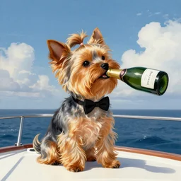 a Yorkshire terrier wearing a black bow tie and drinking a bottle of champagne on a yacht in heaven, extremely detailed masterpiece, illustration, by Michael Sowa,