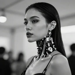 “ a beautiful cyberpunk female model with a robotic neck and glowing neon piercings, met gala fashion, cinematic lighting, strong depth of field, black and white 8 k photography ”