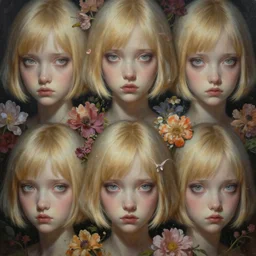 breathtaking detailed concept art painting pattern of blonde short hair faces weird girls with anxious piercing eyes and blend of flowers, by hsiao - ron cheng, bizarre compositions, exquisite detail, extremely moody lighting, 8 k