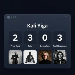 GUI for a Kali Yuga countdown program, esoteric, futuristic, app design, web design, by Francis Bacon, Nam June Paik, Raoul Hausmann, Govardhan