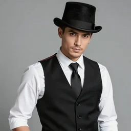 handsome man wearing a white shirt and a vest and a necktie and a top hat and an earring, medium shot, photography, high quality, studio lighting, 4k,