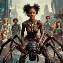 realistic detailed closeup portrait movie shot of a beautiful black woman riding a giant spider, dystopian city landscape background by denis villeneuve, amano, yves tanguy, alphonse mucha, max ernst, ernst haeckel, kehinde wiley, caravaggio, roger dean, cyber necklace, rich moody colours, sci fi patterns, wide angle