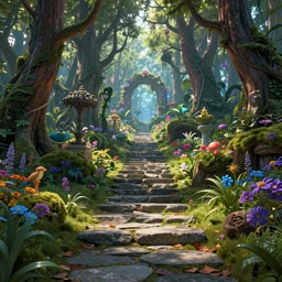 a beautiful hyperrealistic detailed 3 d render of a singular stone path leading up and through a magical, enchanted forest, by federic edwin church, by fitz henry lane, by levitan, unreal engine, octane render, epic, 3 d, brilliantly colored, intricate, ultra wide angle, artstation, light, morning, volumetric lighting, hdr, micro details, ray tracing, 8 k