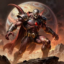 Galactus the planet eater approaching Apokolips, epic, masterpiece, concept art, illustration by George Perez and Stan Lee, trending on Artstation + exquisite detail, 8k