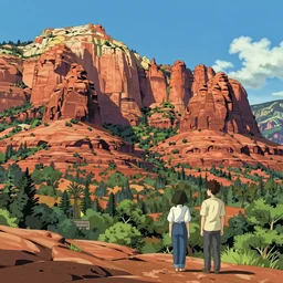 beautiful sedona landscape, illustration, concept art, pixiv, art by wlop and greg rutkowski and makoto shinkai and studio ghibli and kyoto animation, vivid, colorful, cel - shaded, blackoutlines
