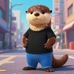 anthropomorphic furry otter wearing black shirt and blue pants in an 8 0 s japanese city pop album cover, trending on art station, furaffinity