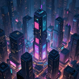 a cyberpunk city, isometric aerial view, futuristic, high rise, buildings, neon signs, illustration, very detailed, award winning, artstation, artgem, hyperealistic