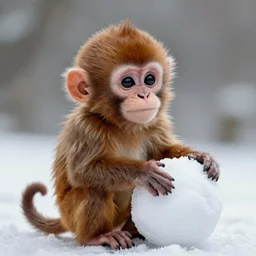 tiny fluffy monkey with a snowball