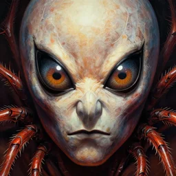 close up sci - fi hippie poster art simon stalenhag spider eyes, arachnid skin, elegant, highly detailed, centered, digital painting, concept art, smooth, sharp focus, illustration, artgerm, tomasz alen kopera, peter mohrbacher, donato giancola, joseph christian leyendecker, wlop, frank frazetta