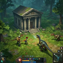 stuff about a realistic mmorpg dino / creatures fighting game. right next to our house is the most difficult and scary area. our house is like a bank 🏦 with those pillars. later on we talk about it like its some multiplayer discord lucid dreaming mmorpg, digital art