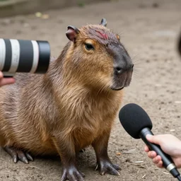 a capybara being interviewed with a microphone, high quality, sigma 85mm, 4k