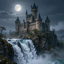 a castle on top of a rocky edge that drops down into a waterfall, fantasy inspired, realistic water, high detail, trending, concept art, castlevania styled castle, moon over the castle, night, slightly foggy, masterpiece, high resolution