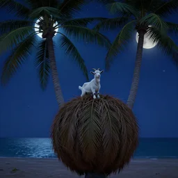 very very small goat, sitting on a gigantic coconut tree in moonlit socotra island by ilya kuvshinov, starry night, rtx rendering, octane render 1 2 8 k, maya, extreme high intricate details by tom bagshaw, medium shot, close up shot, composition by sana takeda, lighting by greg rutkowski