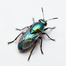 a close up of a irridescent insect on a white background, a hologram by ryusei kishida, photographed with a 3 0 0 mm f 2 prime lens, background bokeh, dslr, featured on flickr, holography, macro photography, anaglyph filter