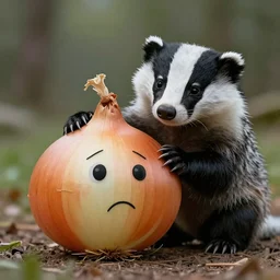 a sad anthromorphic onion being consoled by a badger, realistic, 4k