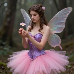 brunette fairy woman, wearing purple corset and pink tutu, holding a flower in her hands, d & d, fantasy, highly detailed, digital painting, trending on artstation, concept art, sharp focus, illustration, art by artgerm and greg rutkowski and magali villeneuve