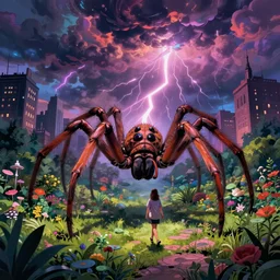 an illustration of a giant demonic spider with a person walking beside it in a garden in a dark city with colorful stormy clouds and lightning in the sky, octane, digital art, by eugene de blaas, ross tran, vibrant color scheme, intricately detailed, romanticism, artstation, greg rutkowski