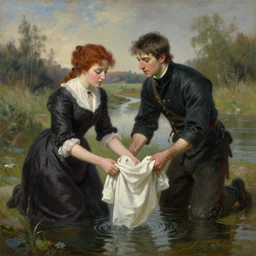 Ciri from the Witcher in Victorian painting with Yennefer washing clothes in the river. by Daniel F. Gerhartz, hyperrealistic oil painting, 4k, studio lightning