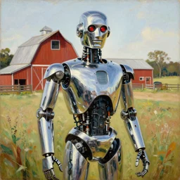 portrait painting of a robot made of shiny reflective chrome in front of a barn and farm, painted by norman rockwell. agricultural scene. pulp sci - fi art for omni magazine. high contrast. baroque period, oil on canvas. renaissance masterpiece. trending on artstation. retrofuturism.