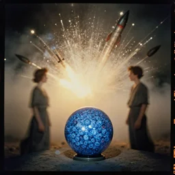 kodak portra 4 0 0, wetplate, shinging neon sphere, muted colours, blueberry, 1 9 3 0 s style, motion blur, portrait photo of a backdrop, explosions, rockets, bombs, sparkling, haze, fog, by georges melies and by britt marling