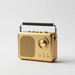 gilded portable radio, studio product photography, isolated on a pure white background, centered, entire object in frame, sharp focus, soft studio lighting